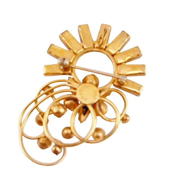 M & S Vintage 12K Gold Filled Blue Rhinestone Ornate Floral Blue Brooch - Picture 7 of 9